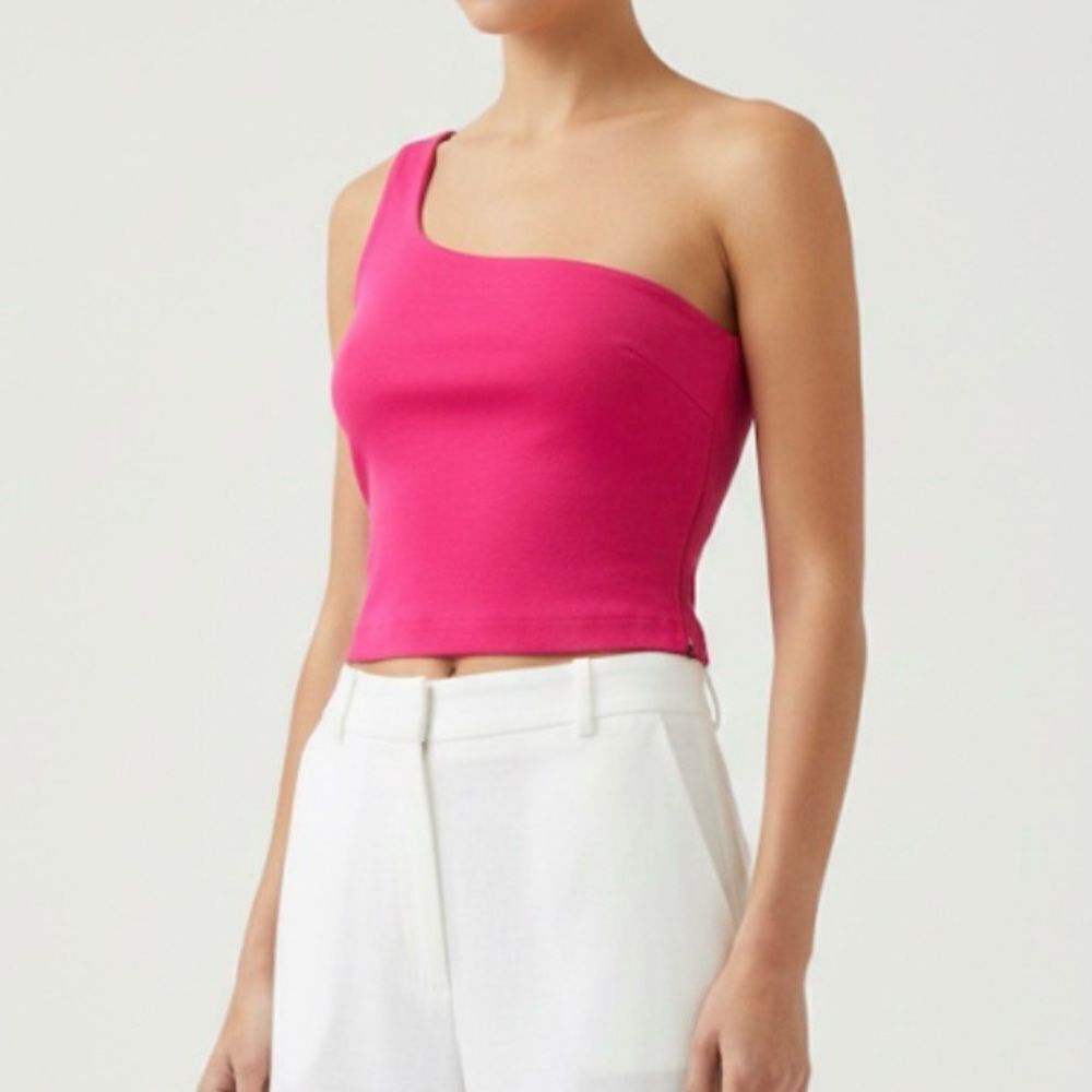 Zara Pink One Shoulder Side Zip Sleeveless Tank Top Crop Top Hot Pink Size Med